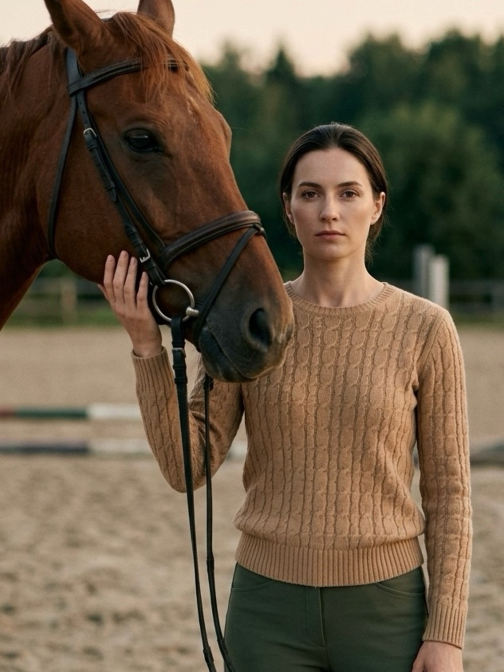 ALFRED SUNG Camel Cable-Knit Crewneck Sweater